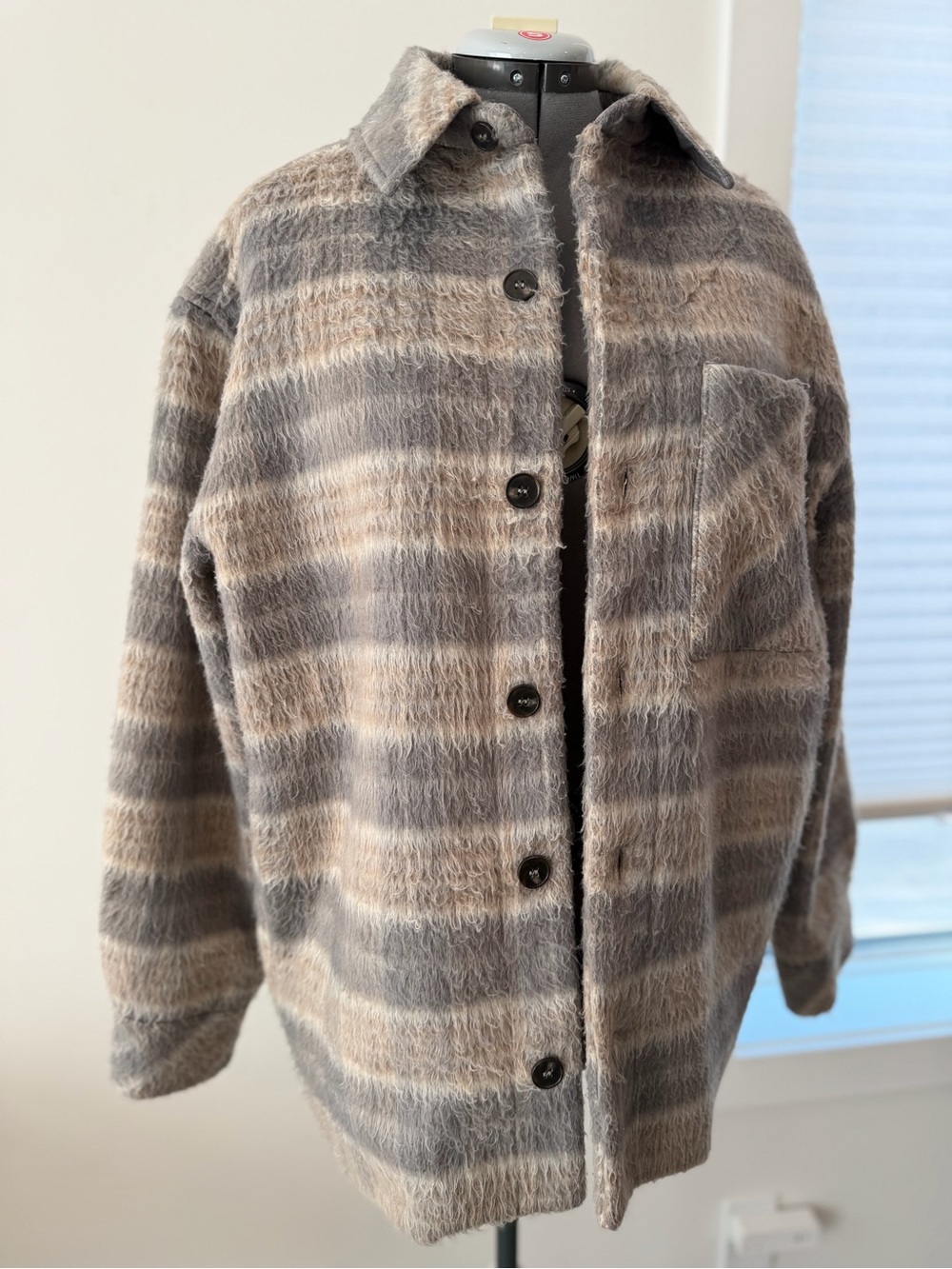 Frank & Oak Plush Plaid Button-Up Jacket in Beige and Gray - Picture 1 of 12